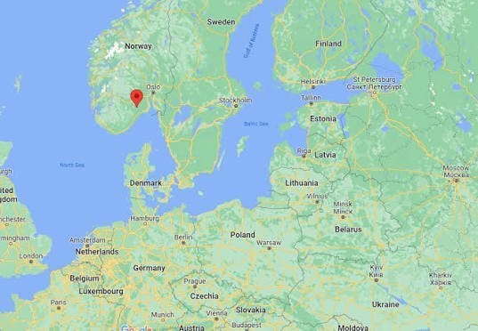 Red location pin marking Oslo Norway on Google Maps with Scandinavia Baltic States Poland Germany Netherlands visible