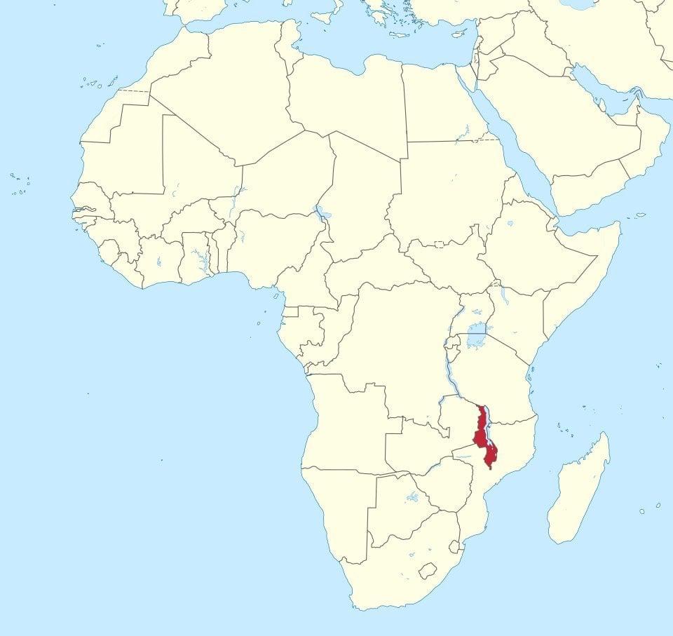 Map of Africa with Malawi marked in red, located in southeastern Africa bordered by Tanzania, Mozambique, and Zambia