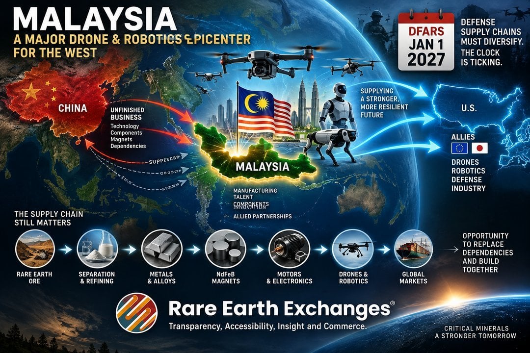 Rare Earth Exchanges infographic: Malaysia as drone and robotics hub supplying US and allies, with rare earth supply chain fr