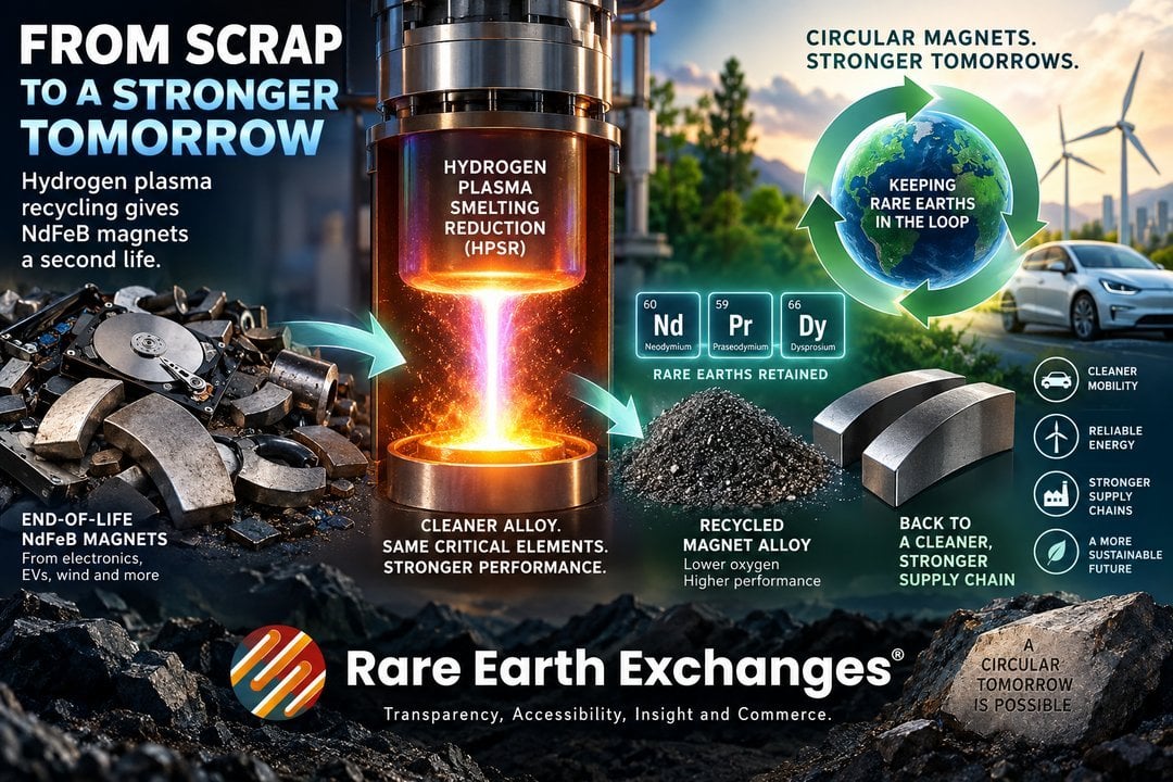 Rare Earth Exchanges infographic: HPSR technology recycles end-of-life NdFeB magnets retaining Neodymium, Praseodymium, Dyspr