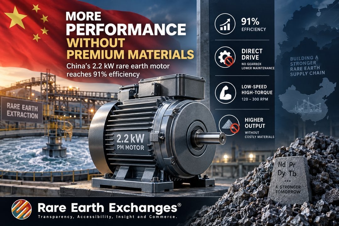 Rare Earth Exchanges 2.2kW permanent magnet motor achieving 91% efficiency with direct drive, 120-300 RPM high-torque, no rar