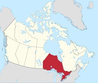 Map of Canada with Ontario province marked in red, bordered by Hudson Bay, Quebec, Manitoba, and the Great Lakes region