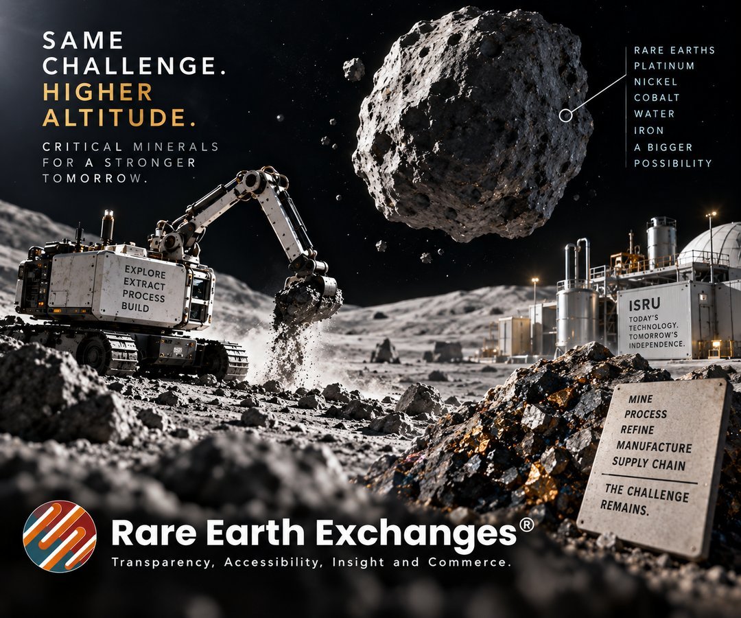 Rare Earth Exchanges promotional art featuring robotic lunar mining excavator extracting rare earths cobalt nickel platinum n