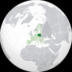 Poland highlighted in dark green on an orthographic globe projection map, centrally located in Europe surrounded by neighbori