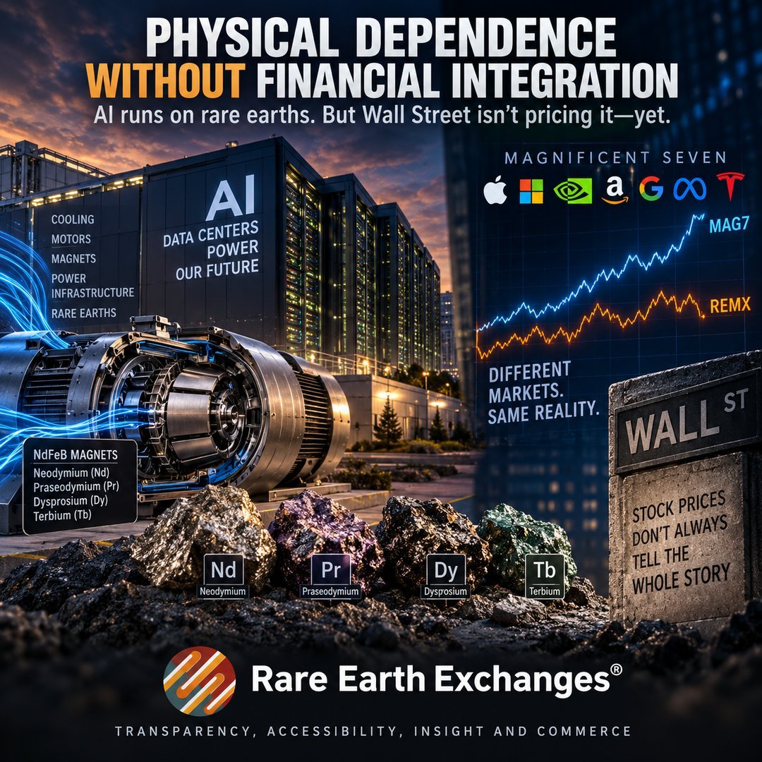 Rare Earth Exchanges infographic contrasting MAG7 and REMX stock performance with NdFeB rare earth minerals Neodymium Praseod