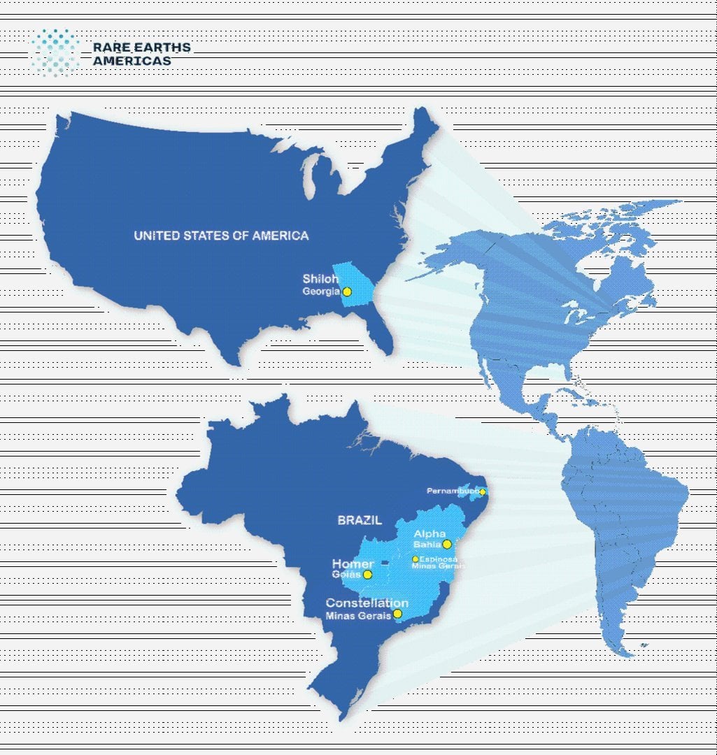 Rare Earths Americas project locations: Shiloh Georgia USA; Alpha Bahia, Espinosa Minas Gerais, Homer Goias, Constellation Mi
