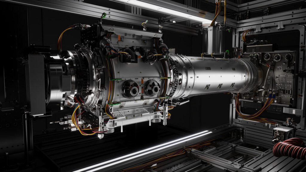 Photorealistic close-up of spacecraft propulsion systems featuring a Hall-effect electric thruster on a satellite bus inside a thermal-vacuum test chamber, with cutaway magnet arrays, propellant valve actuators, braided wiring and power unit, and a faint xenon ion plume glow under cinematic rim lighting.