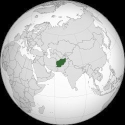 Afghanistan highlighted in dark green on an orthographic globe projection centered on Central and South Asia
