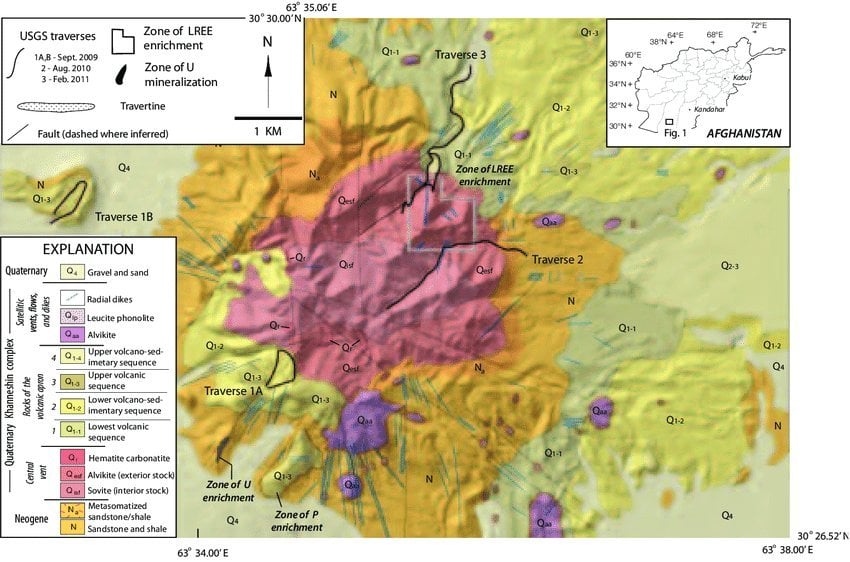 USGS traverse map of Khanneshin carbonatite complex Afghanistan marking LREE enrichment zones uranium phosphorus mineralizati