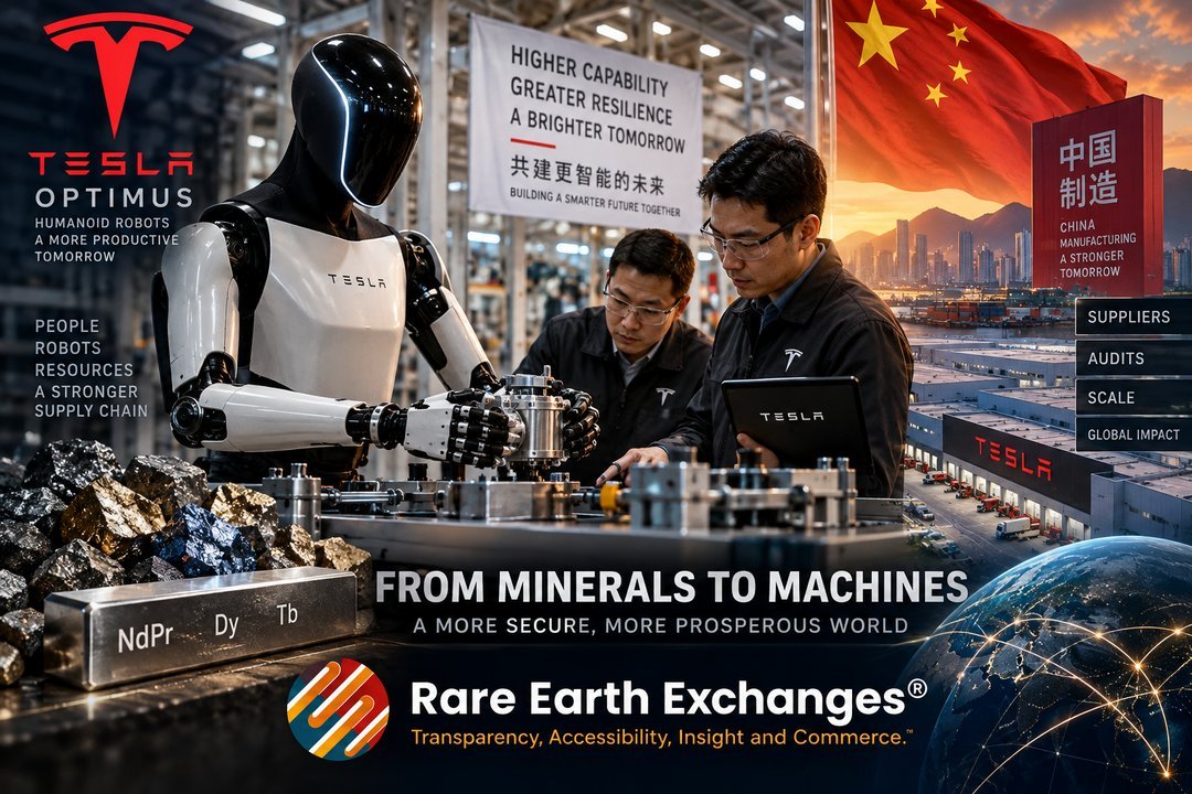 Tesla Optimus humanoid robot with engineers examining rare earth elements NdPr Dy Tb at workbench, China manufacturing facili