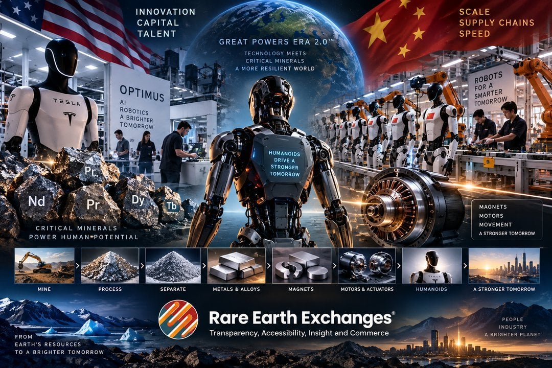 Rare Earth Exchanges infographic contrasting US Tesla Optimus AI robotics with Chinese humanoid manufacturing, highlighting N