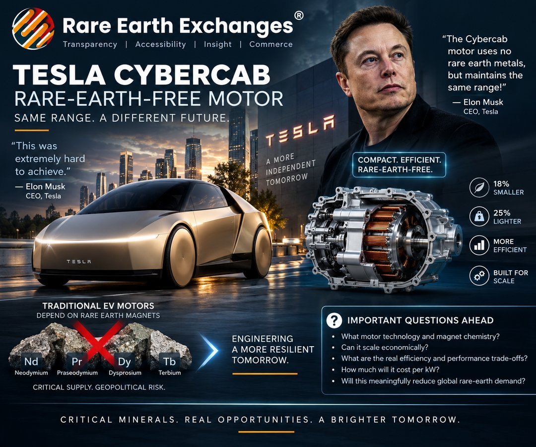 Rare Earth Exchanges infographic on Tesla Cybercab rare-earth-free electric motor, Elon Musk quote, 18% smaller, 25% lighter,