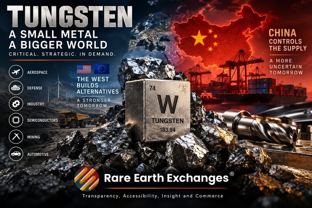 Rare Earth Exchanges infographic on tungsten element W-74 strategic importance, China supply dominance, and Western aerospace