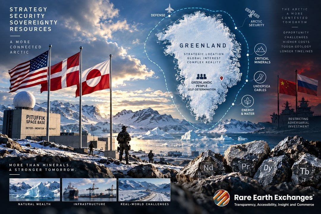 Rare Earth Exchanges infographic on Greenland strategic importance featuring Pituffik Space Base, US Danish Greenlandic flags