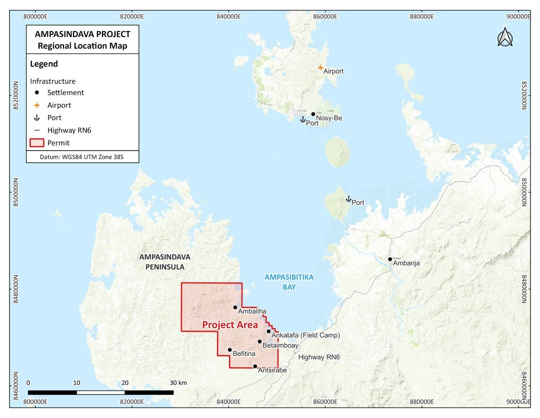 Regional location map of Ampasindava Project on Ampasindava Peninsula Madagascar near Ampasibitika Bay with permit boundary s