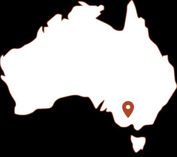 Outline map of Australia with a red location pin marking a spot near the Victoria and New South Wales border in southeastern