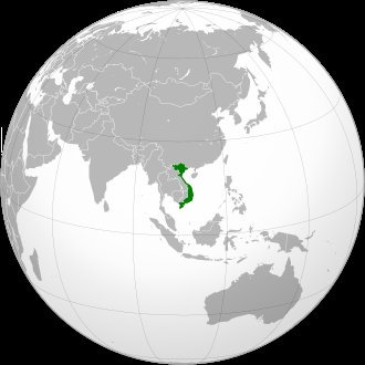 Vietnam marked in green on a globe centered over Southeast Asia, bordered by China, Laos, Cambodia, and the South China Sea