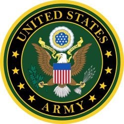 United States Army circular seal featuring a bald eagle clutching olive branch and arrows, American shield, stars, on black a