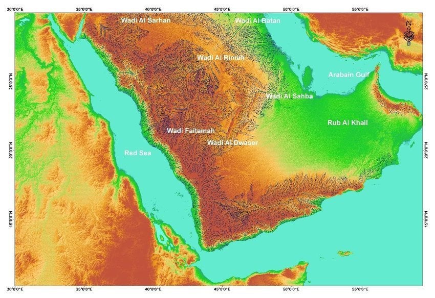 Color-coded elevation topographic map of Saudi Arabia highlighting Wadi Al Rimah, Wadi Al Sarhan, Wadi Faitamah, Wadi Al Dwas