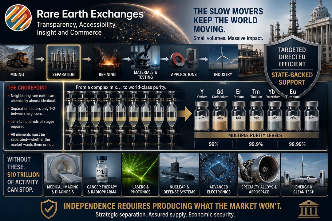 Rare Earth Exchanges infographic detailing REE separation chokepoint from mining to industry, featuring Yttrium Gadolinium Er