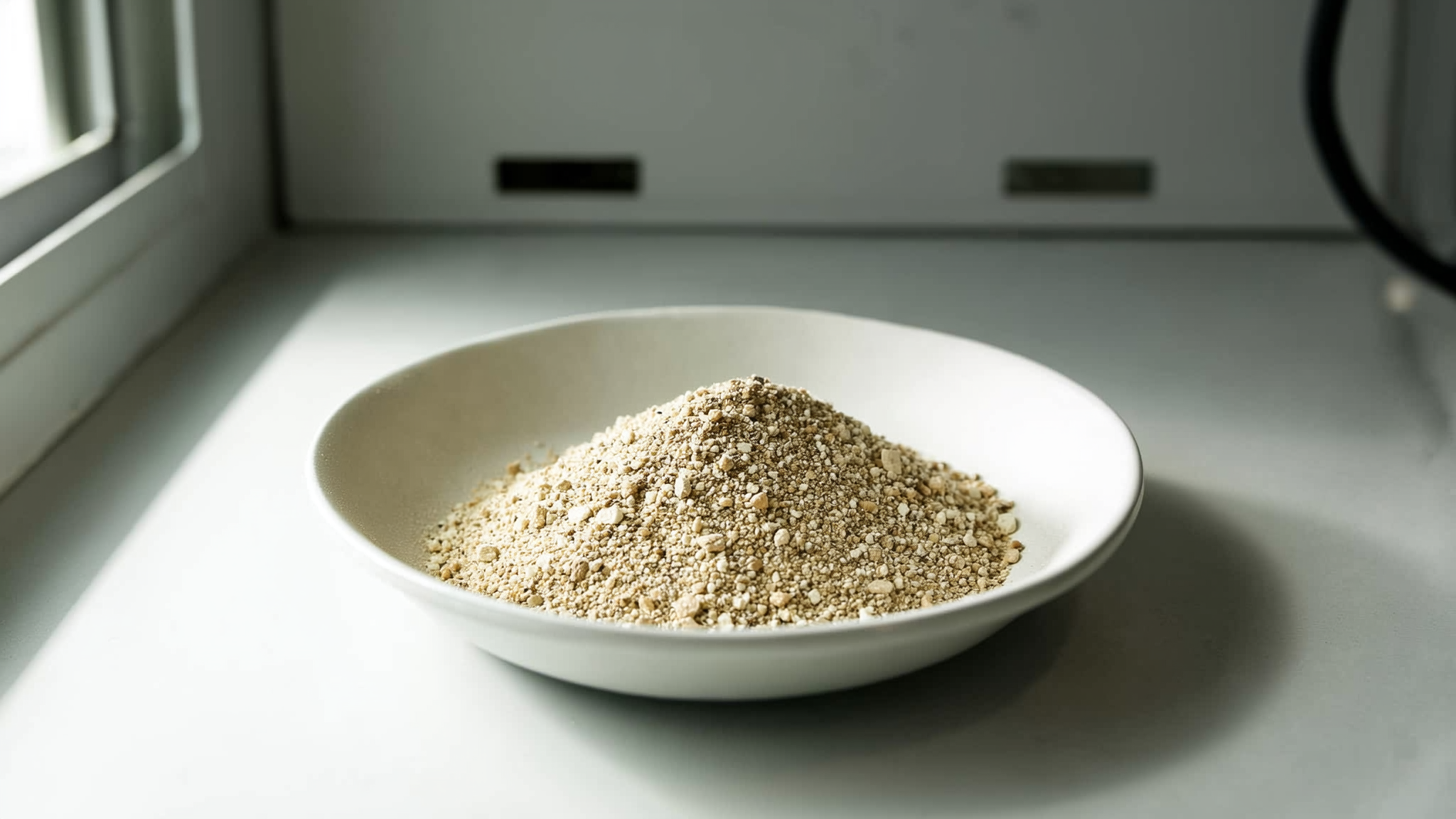 What Is TREO? Total Rare Earth Oxide, Explained for Buyers and Investors What is TREO: pale tan rare earth oxide powder in a white ceramic dish on a laboratory bench
