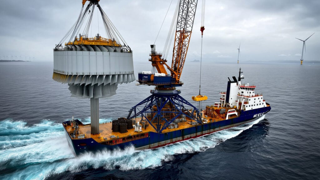 Photorealistic aerial view of **wind turbine installation vessels** at sea, showing a jack-up WTIV with raised lattice legs and a heavy-lift crane hoisting a large turbine nacelle onto a partially assembled offshore wind turbine amid choppy water, stacked blades on deck, and an overcast marine horizon.