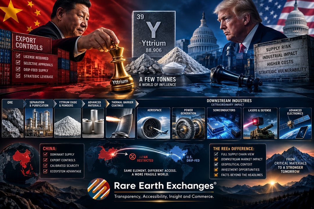 Xi Jinping and Donald Trump in Yttrium rare earth element trade war chess match with supply chain from ore to aerospace semic