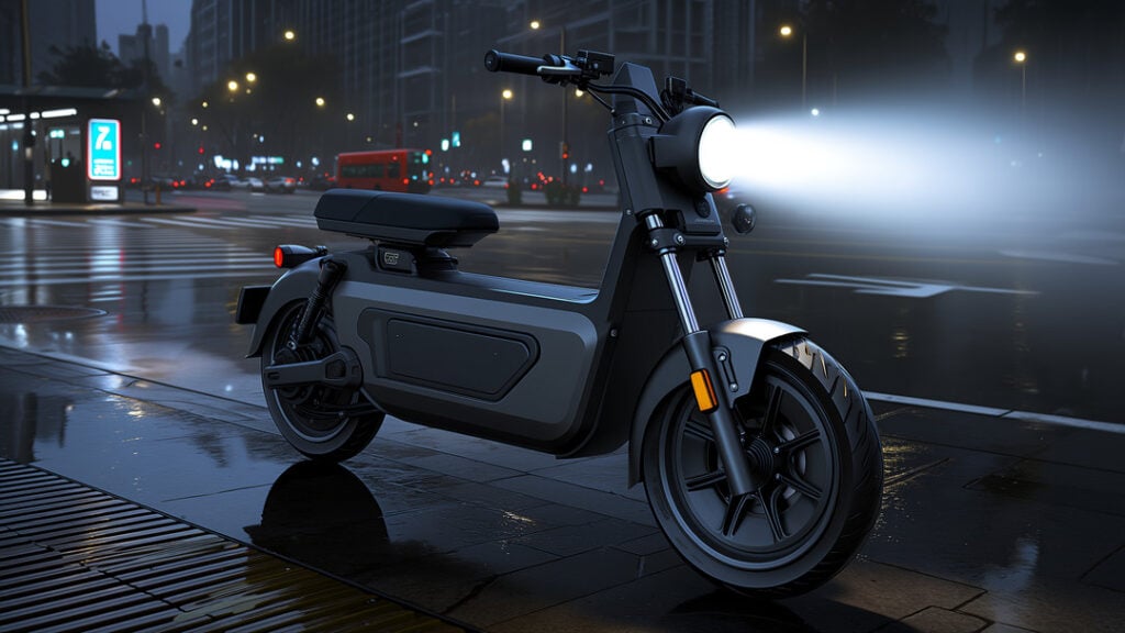 Photorealistic rainy-night urban street scene featuring **electric scooters**, with a modern foldable matte-black scooter parked by a bus stop, its LED headlight shining through mist and wet asphalt reflections, shown in a close-up 3/4 angle with visible hub motor and engineering details against soft city bokeh.