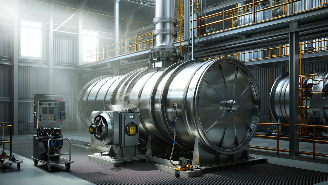 Geothermal Turbines Photorealistic view of geothermal turbines in a modern geothermal power plant turbine hall, showing a stainless-steel steam turbine and compact generator with control cabinet, sensors, insulated piping, and maintenance equipment under dramatic sunlit industrial lighting.