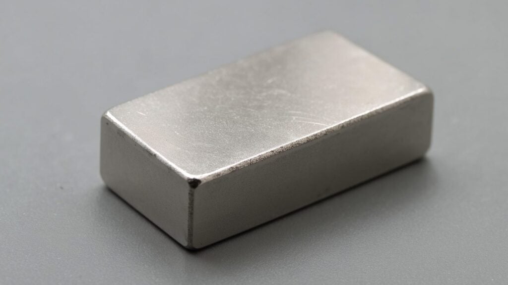 How are neodymium magnets made: rectangular sintered neodymium magnet block with nickel coating on neutral surface in natural light