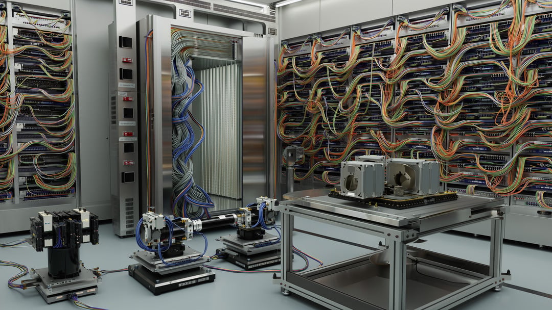 Quantum computing components Photorealistic wide-angle view of a modern clean-room quantum lab featuring a stainless-steel dilution refrigerator with dense coaxial wiring, RF control racks and precision measurement instruments, and an optical table with fiber-laser modules and motorized stages, showcasing quantum computing components.